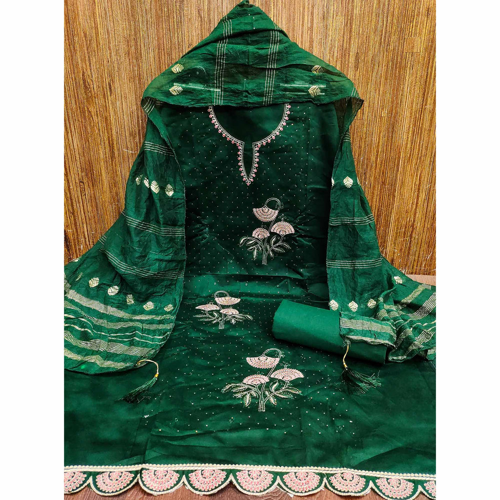 Green Dress Material in Cotton Blend with Delicate Embroidery Work