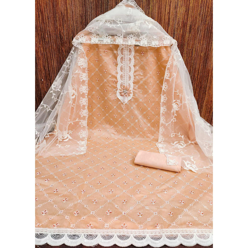 Light Orange Unstitched Dress Material Featuring Fine Floral Embroidery on Chanderi Silk
