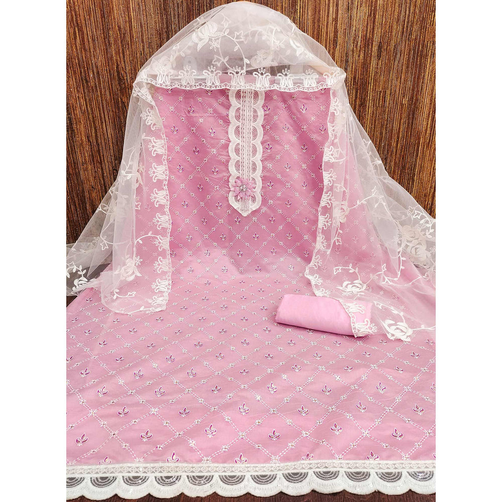 Pink Unstitched Dress Material Featuring Fine Floral Embroidery on Chanderi Silk