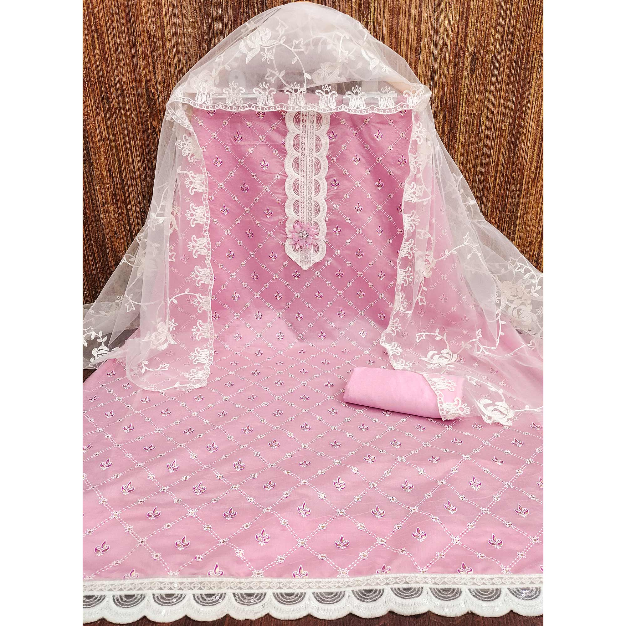 Pink Unstitched Dress Material Featuring Fine Floral Embroidery on Chanderi Silk