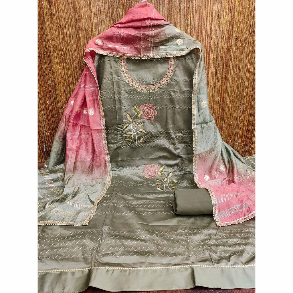 Dark Sage Green Suit Material in Cotton Blend with Beautifully Embroidered Floral Patterns