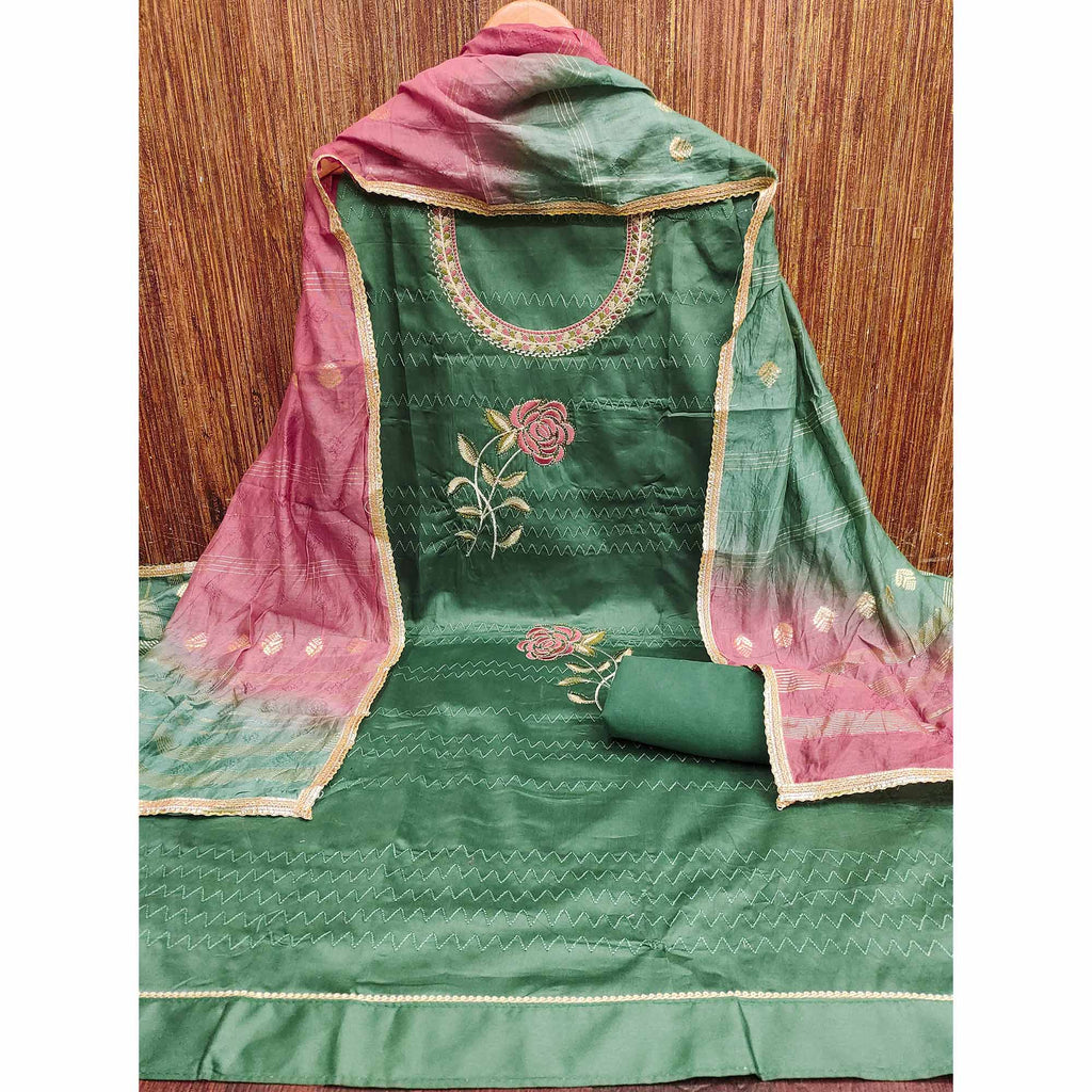 Green Suit Material in Cotton Blend with Beautifully Embroidered Floral Patterns