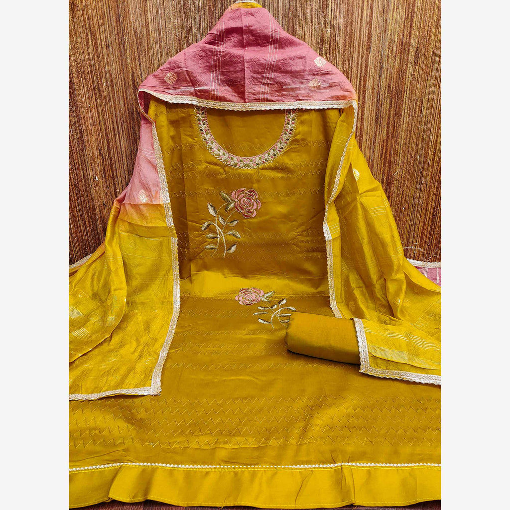 Mustard Suit Material in Cotton Blend with Beautifully Embroidered Floral Patterns