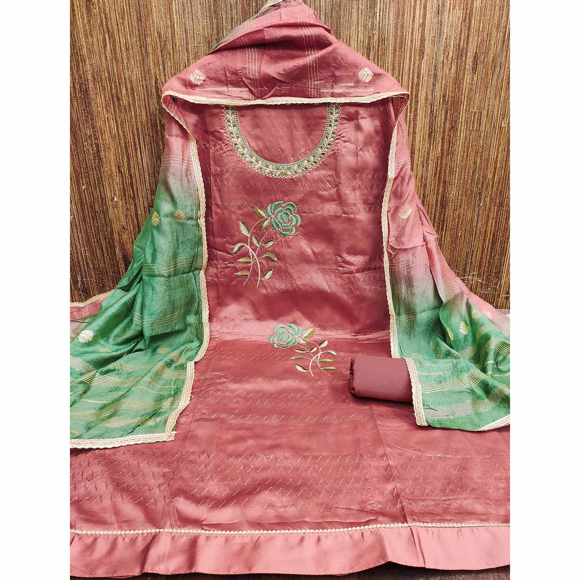 Peach Suit Material in Cotton Blend with Beautifully Embroidered Floral Patterns