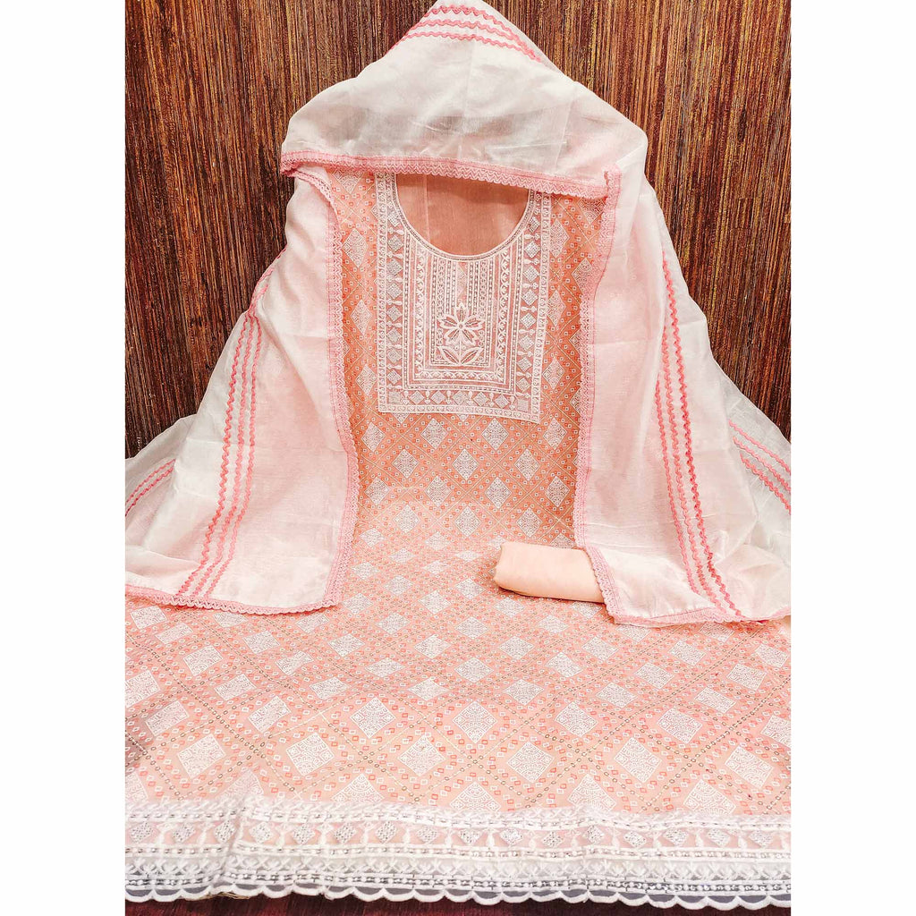 Light Orange Chanderi Silk Suit Fabric with Embroidered Highlights and Artistic Geometric Prints