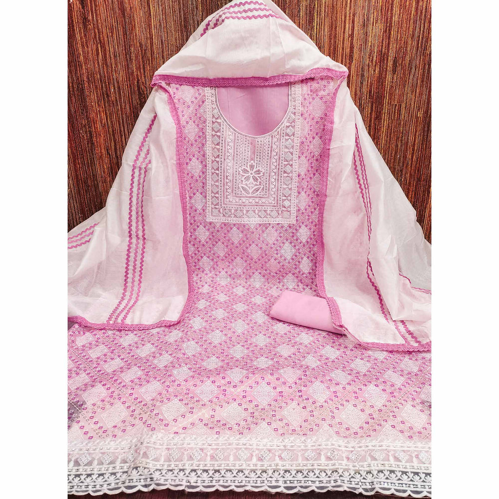 Pink Chanderi Silk Suit Fabric with Embroidered Highlights and Artistic Geometric Prints