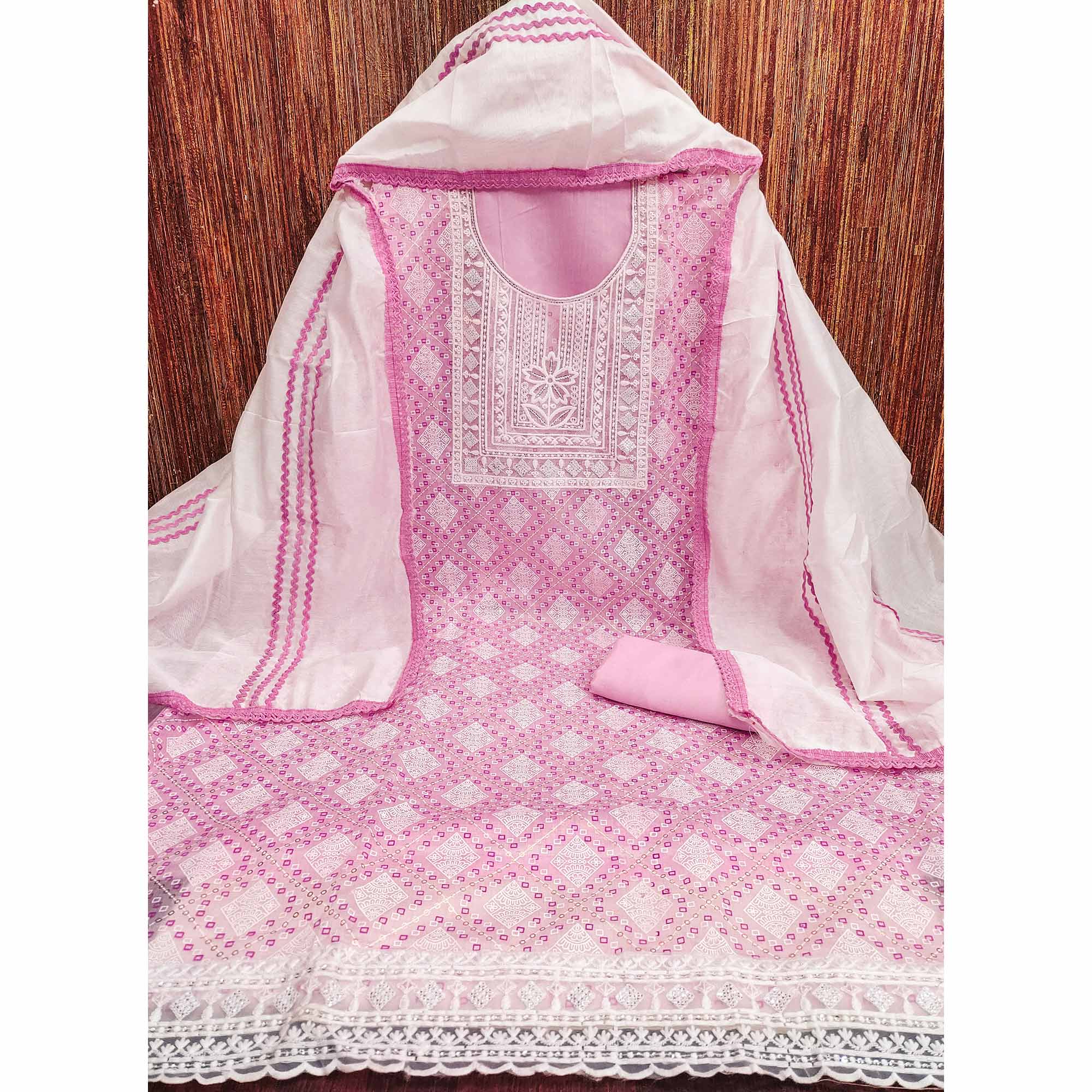 Pink Chanderi Silk Suit Fabric with Embroidered Highlights and Artistic Geometric Prints