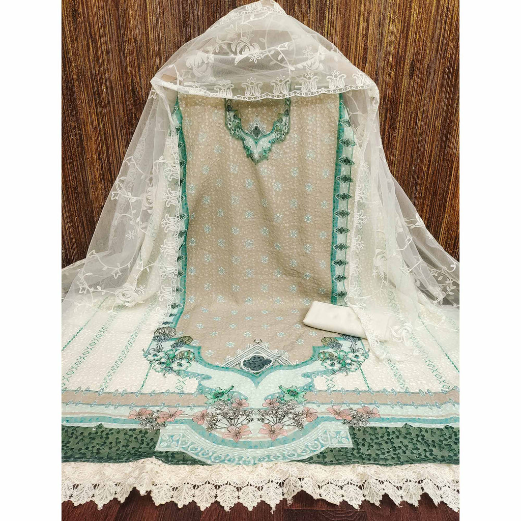 Cream & Beige Georgette Suit Fabric Adorned with Elegant and Delicate Schiffli Embroidery