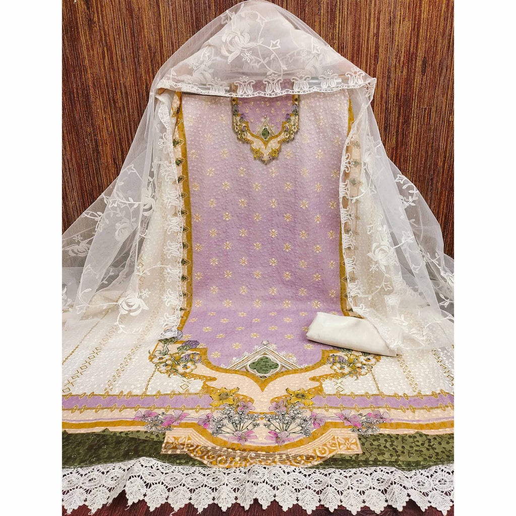 Cream & Lavender Georgette Suit Fabric Adorned with Elegant and Delicate Schiffli Embroidery