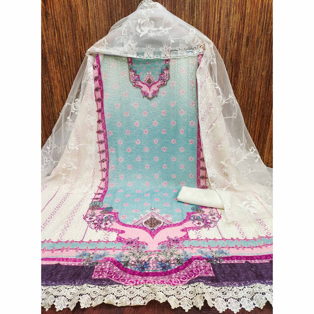 Cream & Sky Blue Georgette Suit Fabric Adorned with Elegant and Delicate Schiffli Embroidery