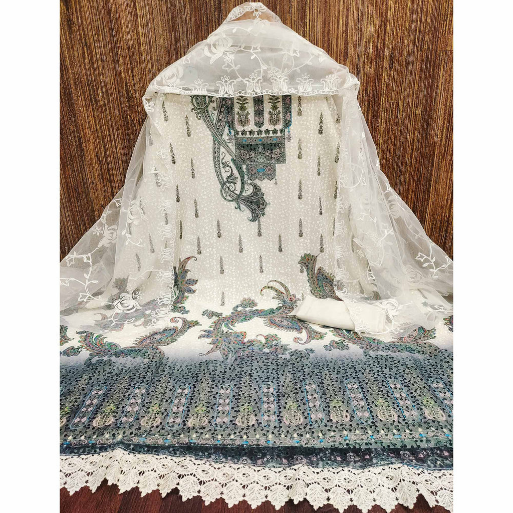 Cream & Blue Schiffli Embroidered Heavy Georgette Dress Material