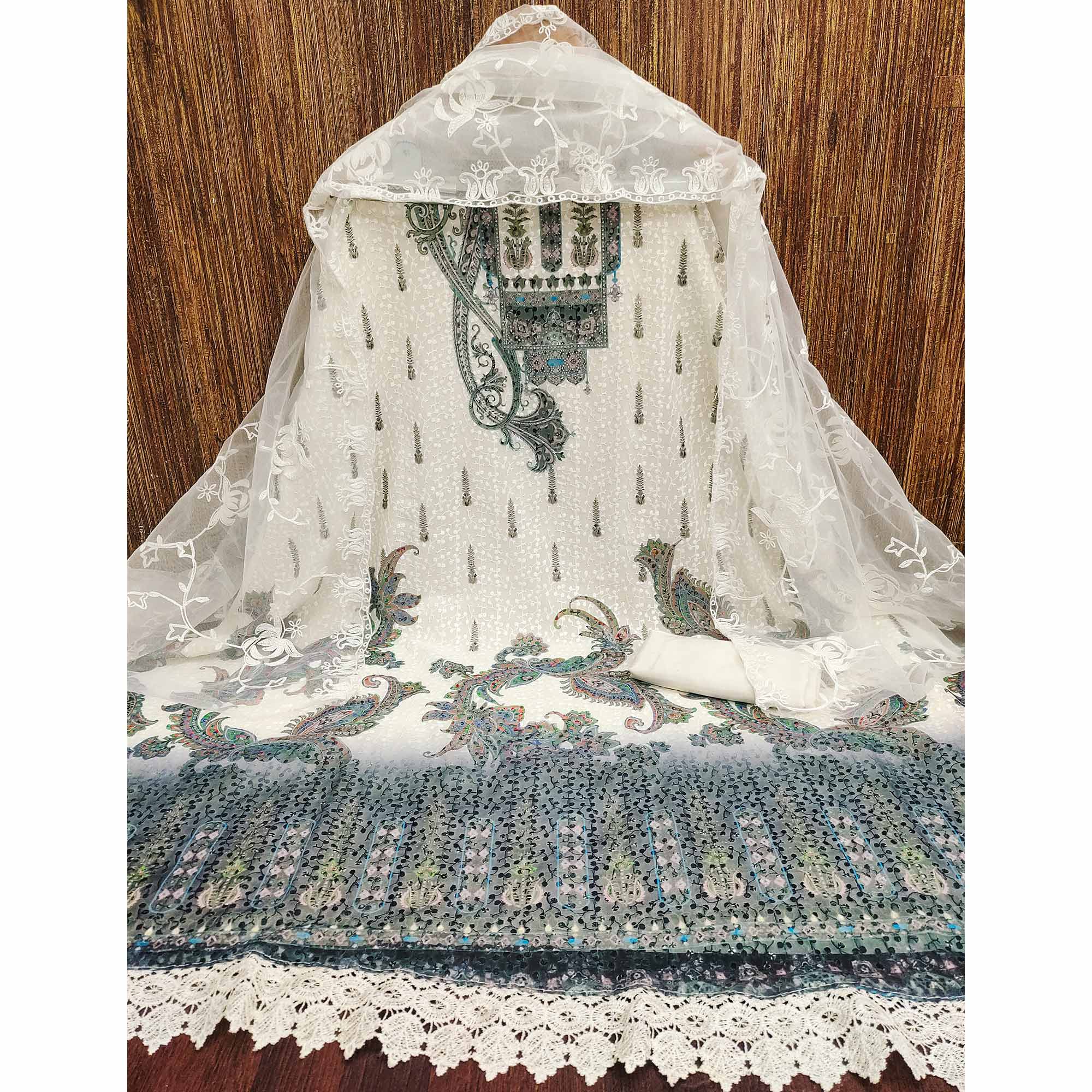 Cream & Blue Schiffli Embroidered Heavy Georgette Dress Material