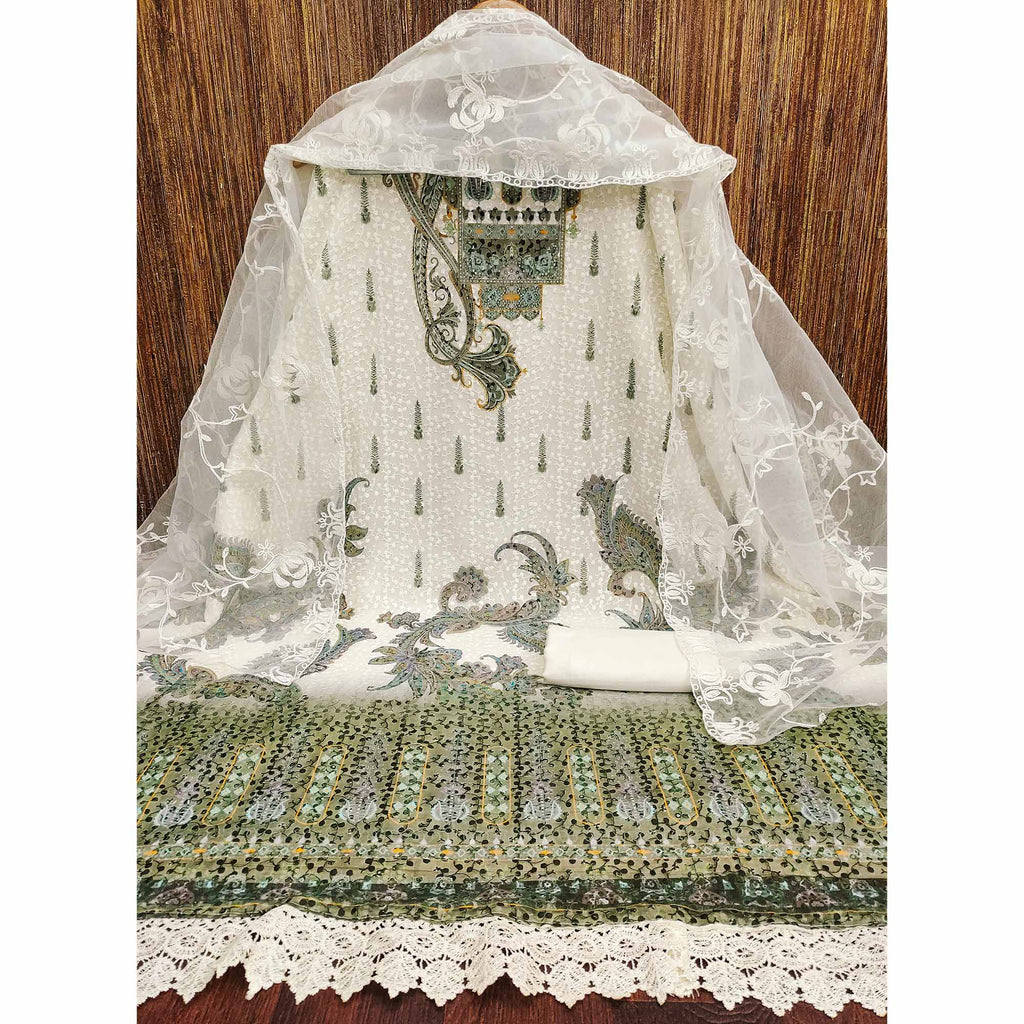 Cream And Green Schiffli Embroidered Heavy Georgette Dress Material