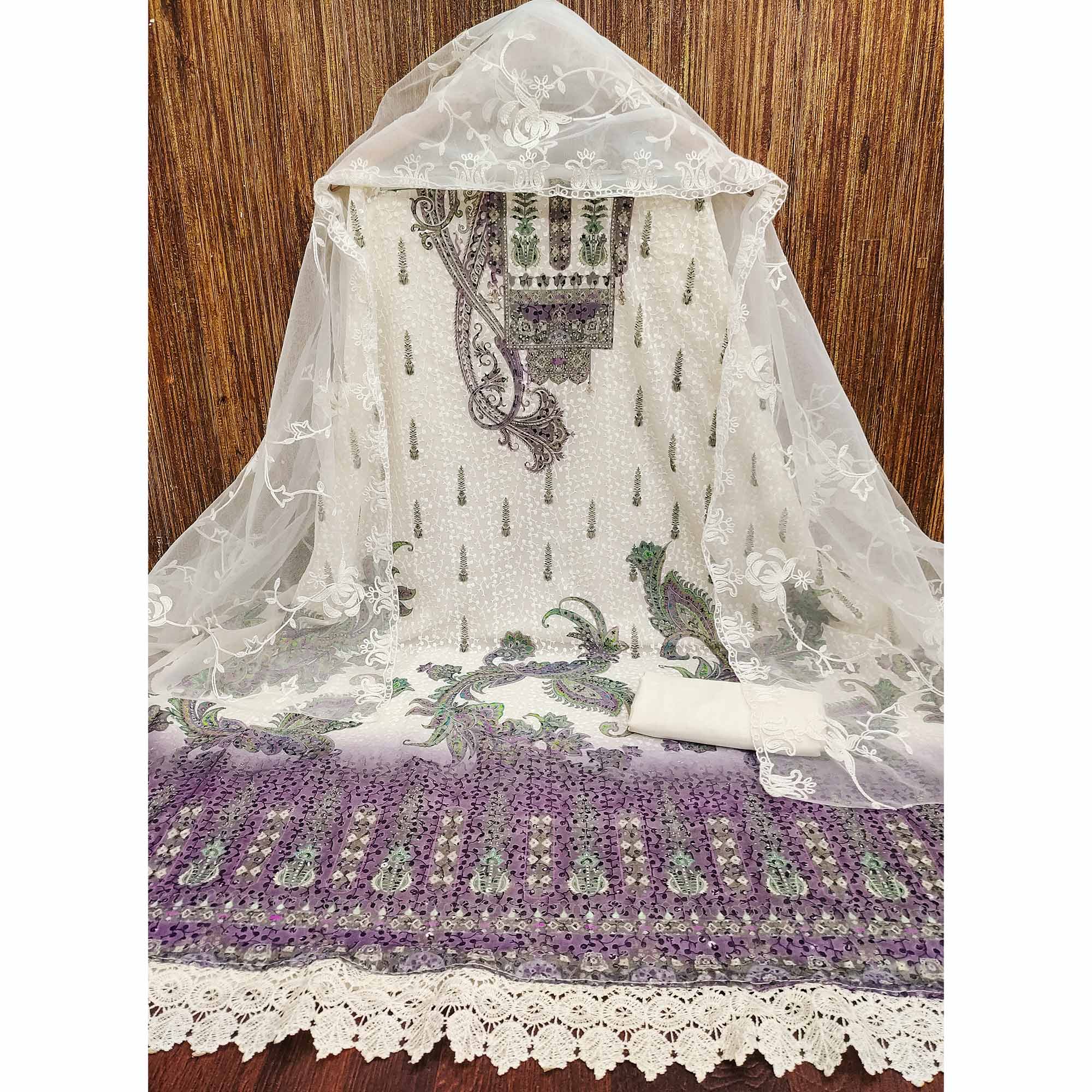 Cream & Purple Schiffli Embroidered Heavy Georgette Dress Material