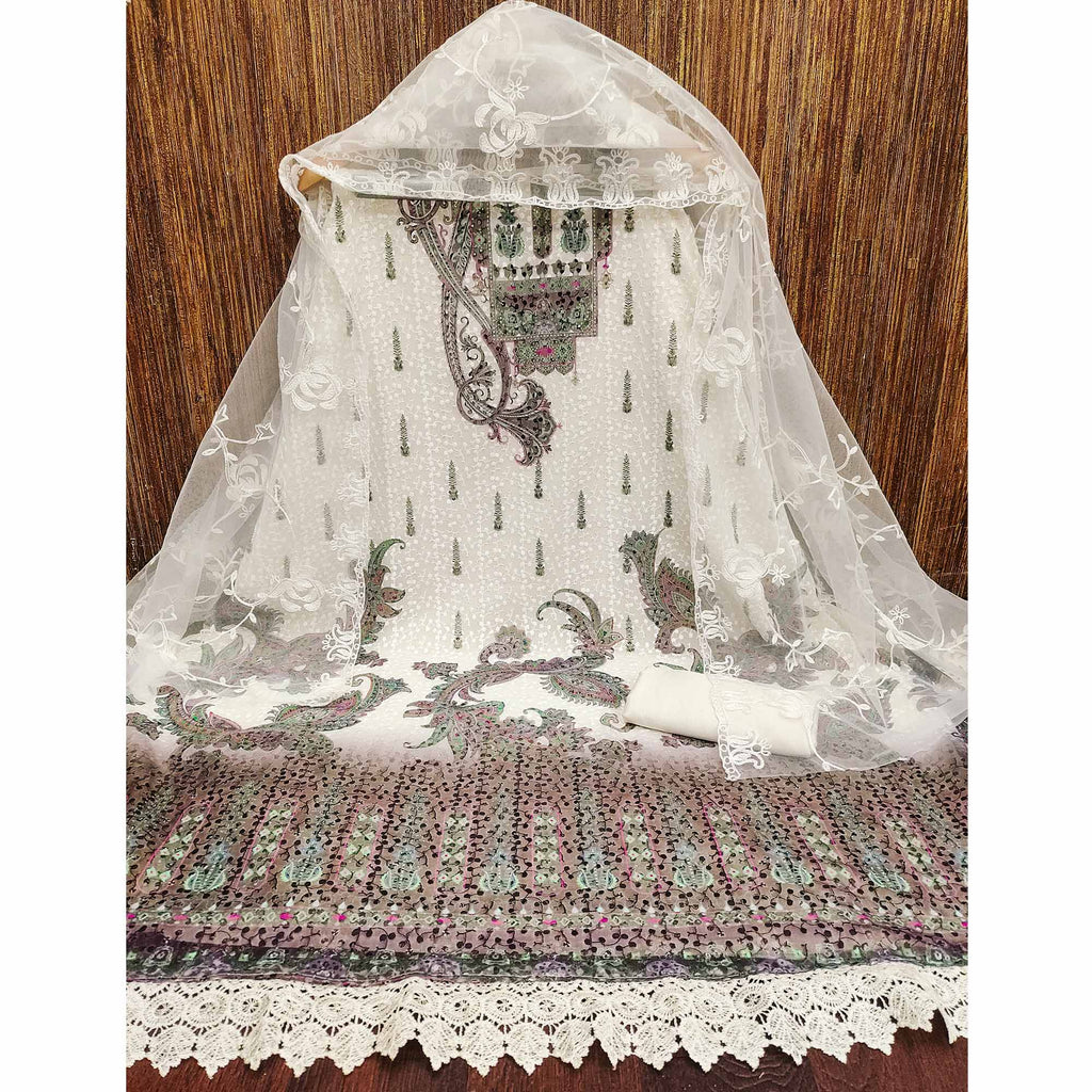 Cream & Wine Schiffli Embroidered Heavy Georgette Dress Material