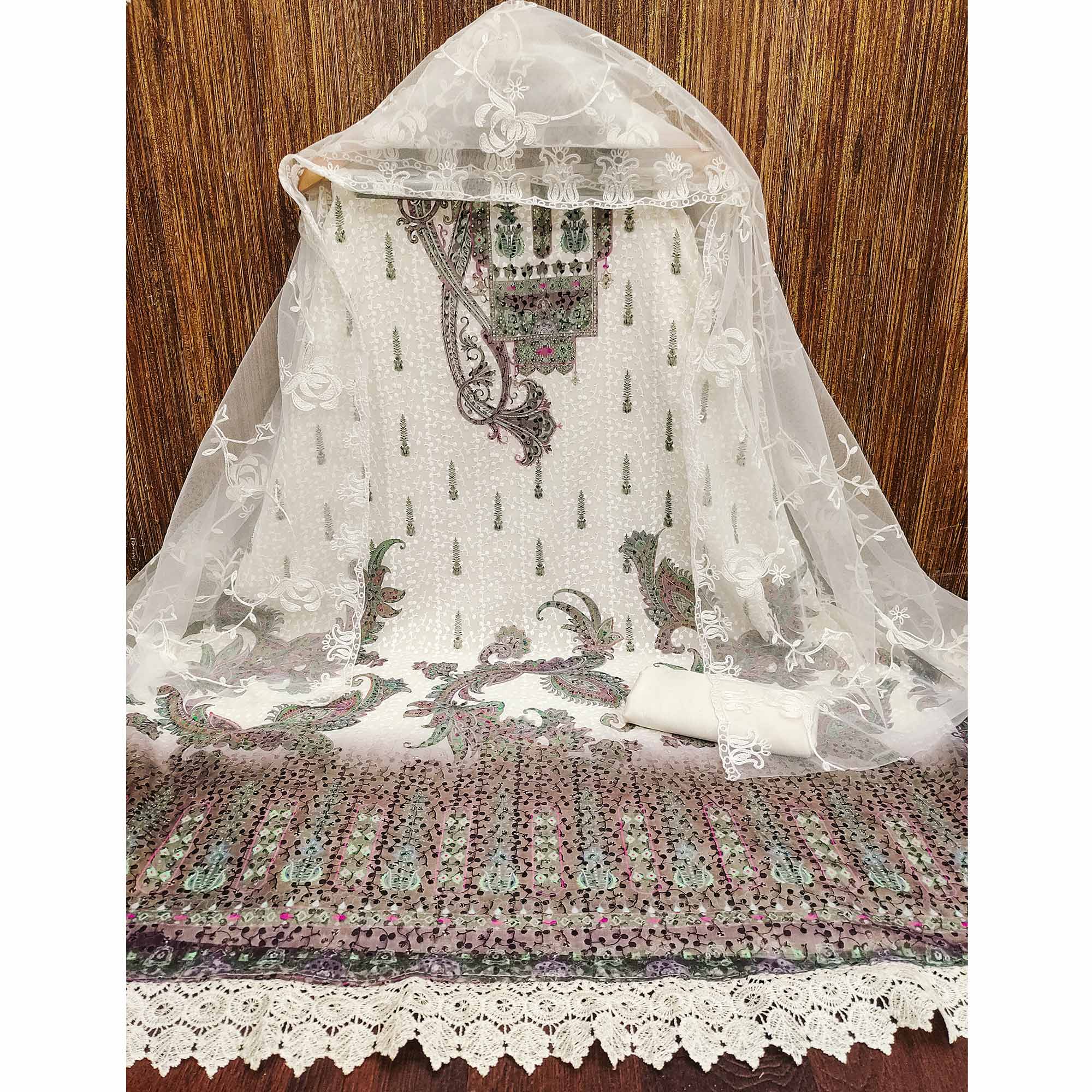 Cream & Wine Schiffli Embroidered Heavy Georgette Dress Material