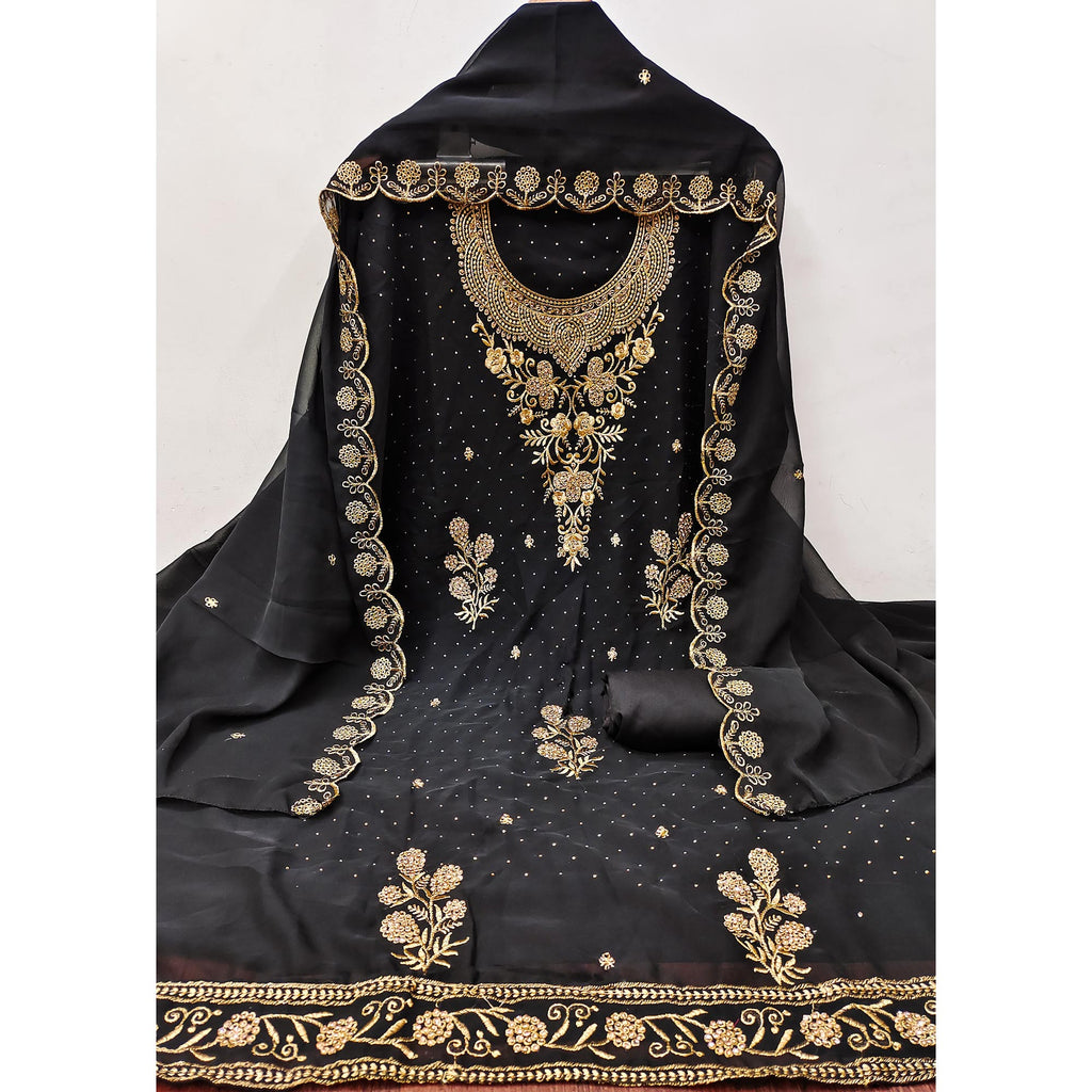 Black Georgette Dress Material With Intricate Thread And Stone Work Embroidery