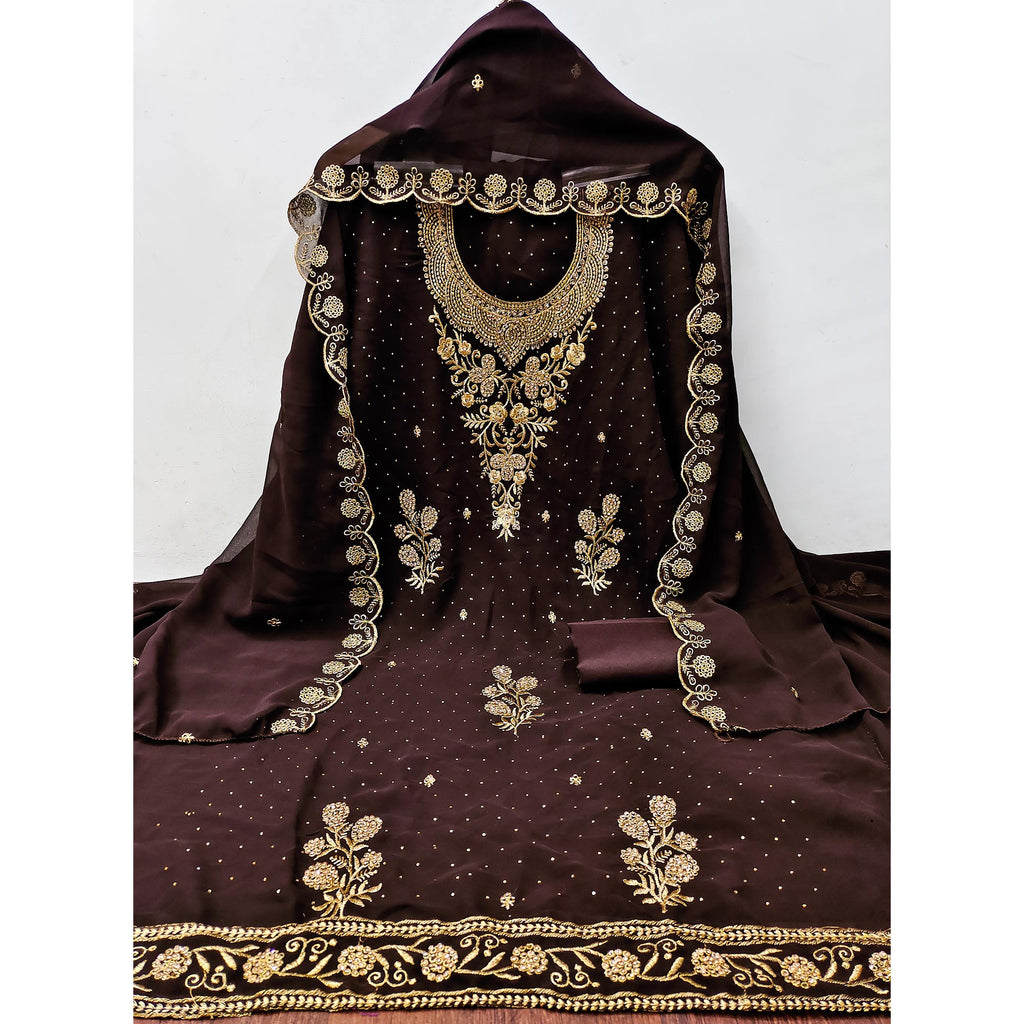 Dark Brown Georgette Dress Material With Intricate Thread And Stone Work Embroidery