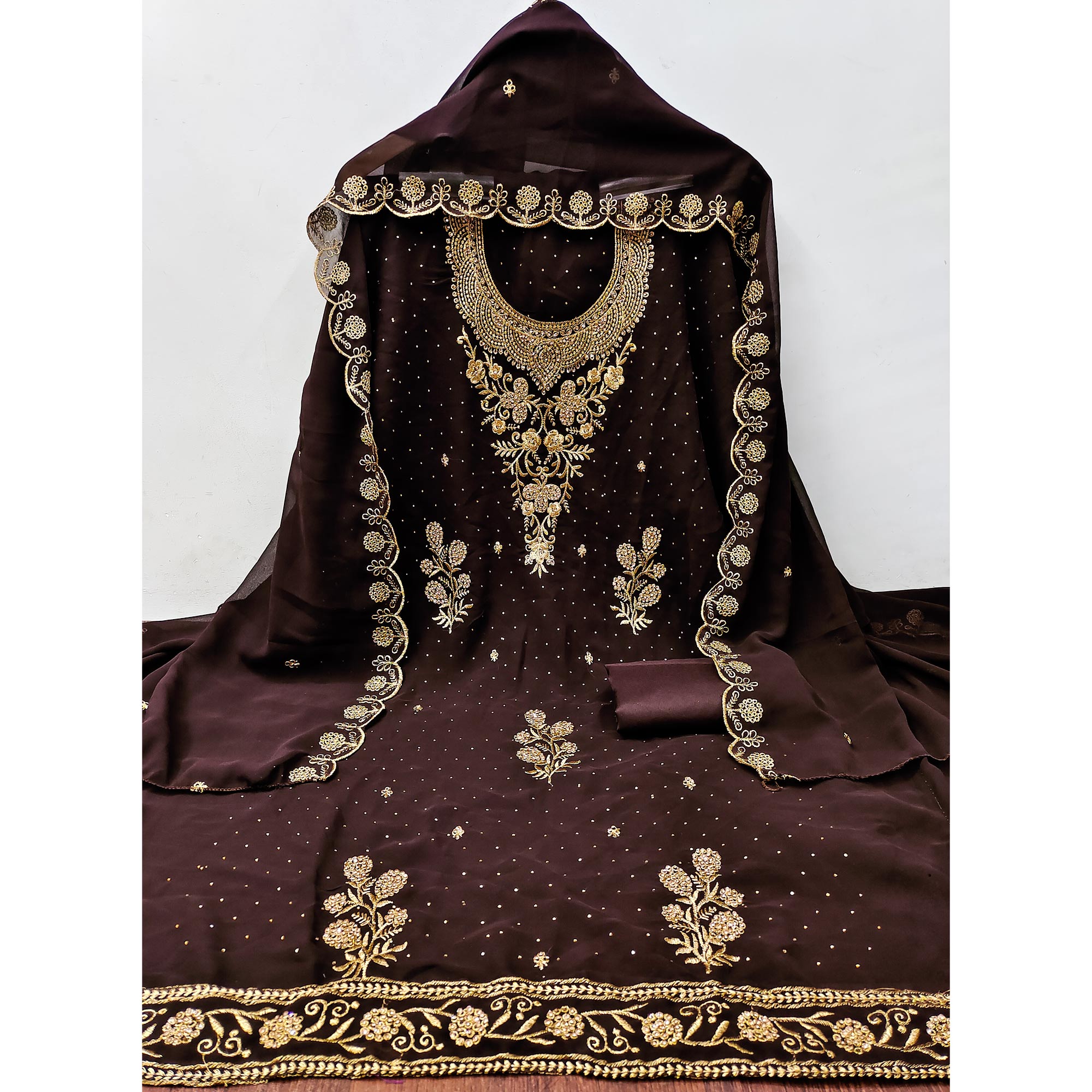Dark Brown Georgette Dress Material With Intricate Thread And Stone Work Embroidery
