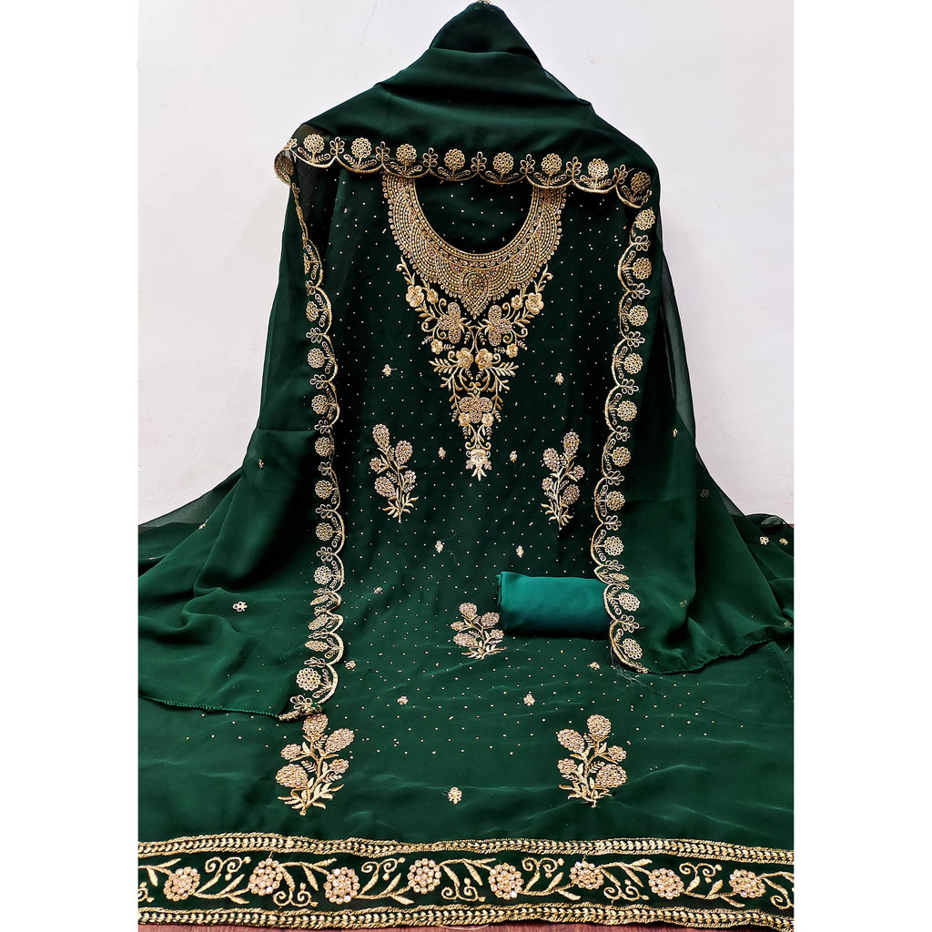 Green Georgette Dress Material With Intricate Thread And Stone Work Embroidery