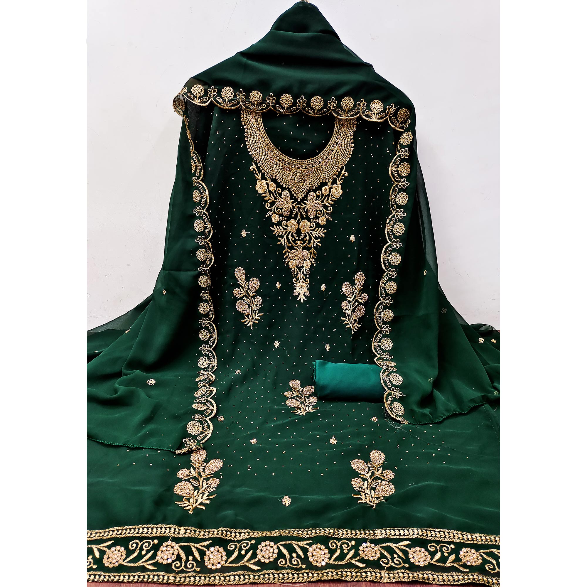 Green Georgette Dress Material With Intricate Thread And Stone Work Embroidery