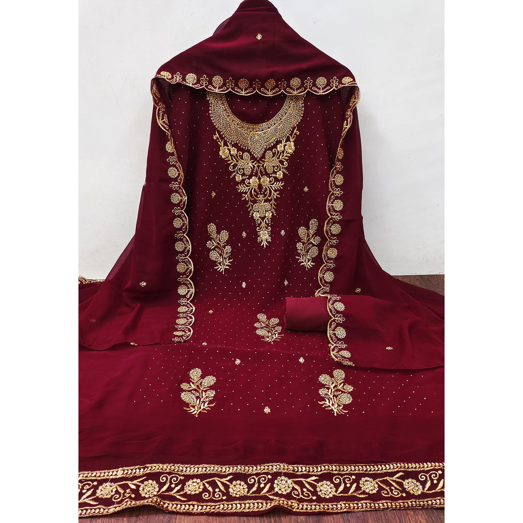 Maroon Georgette Dress Material With Intricate Thread And Stone Work Embroidery