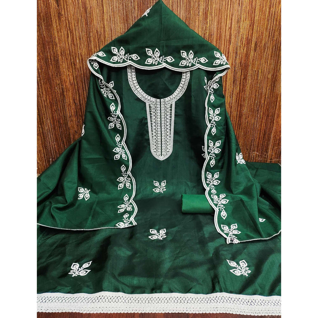 Green Intricate Floral Embroidered Cotton Blend Dress Material