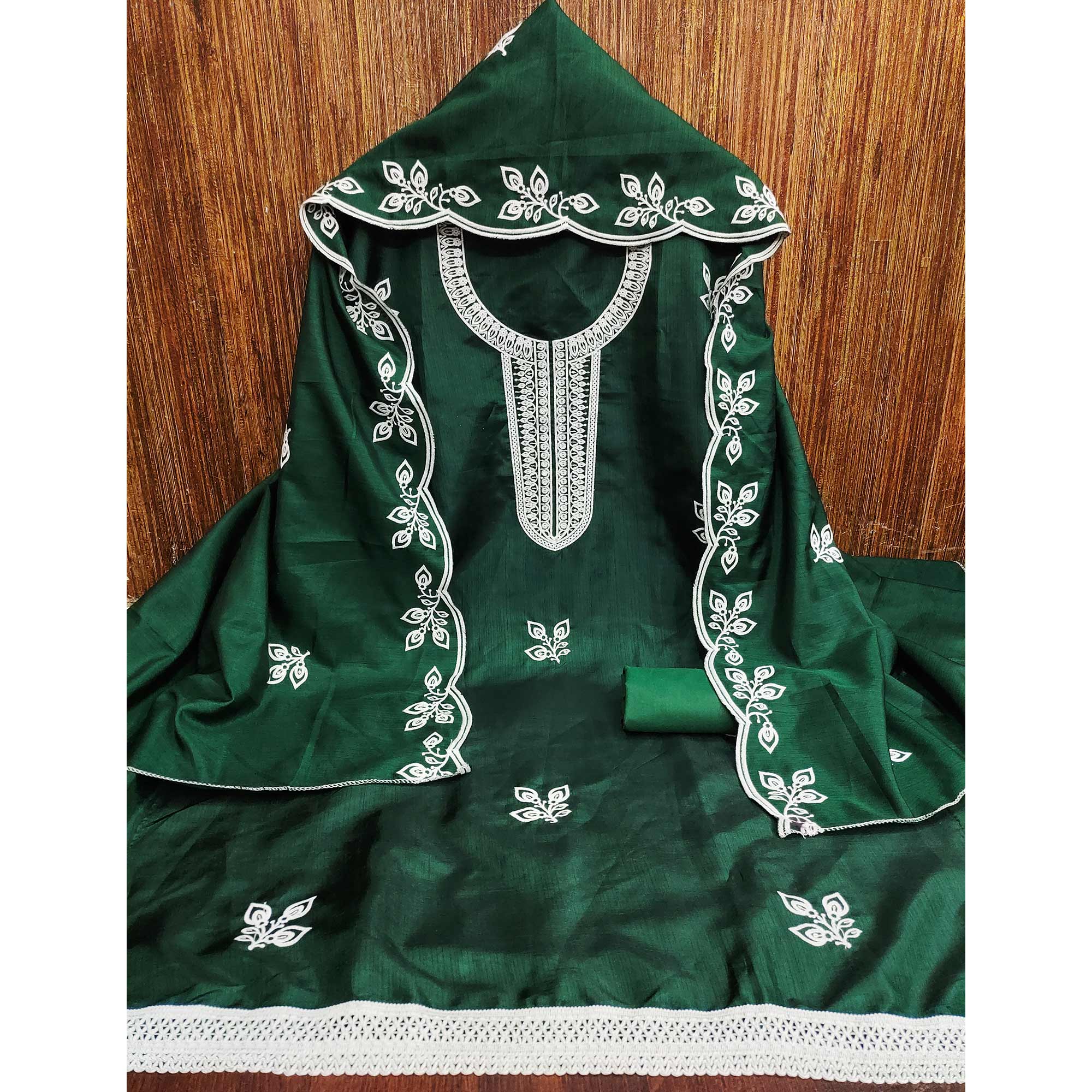 Green Intricate Floral Embroidered Cotton Blend Dress Material