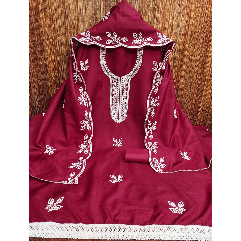 Pink Intricate Floral Embroidered Cotton Blend Dress Material