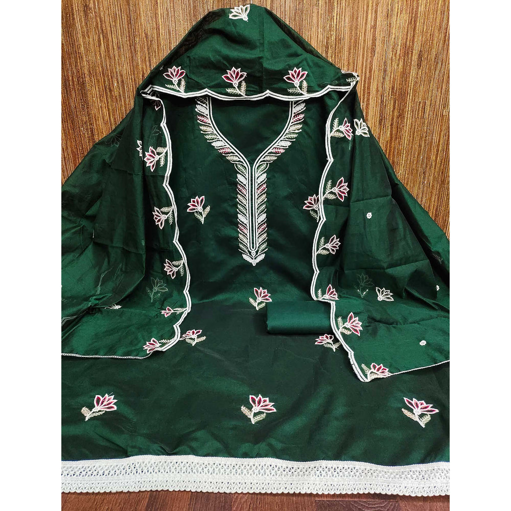 Elegant Green Chanderi Cotton Dress Material With Floral Thread Embroidery & Sequins Work