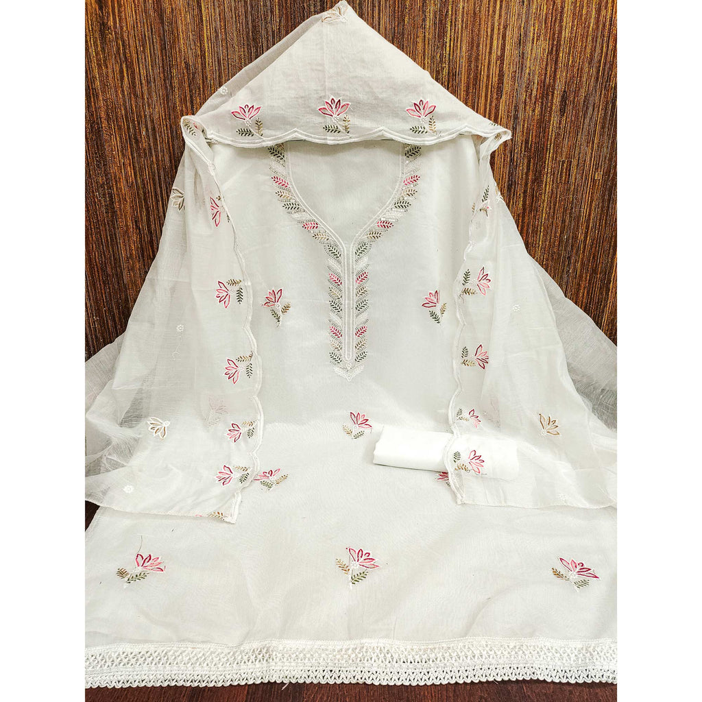Ethereal White Chanderi Cotton Dress Material With Floral Thread Embroidery & Sequins Work