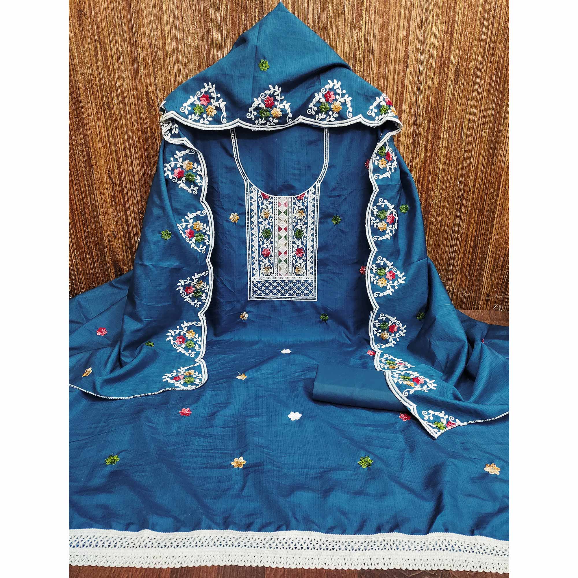 Elegant Blue Floral Sequin Embroidered Cotton Blend Dress Material