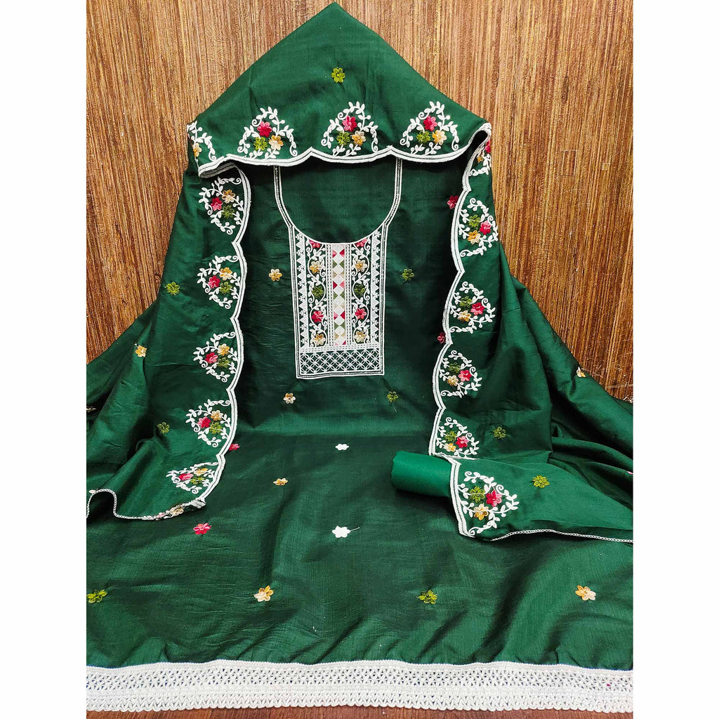 Enchanting Green Floral Sequin Embroidered Cotton Blend Dress Material