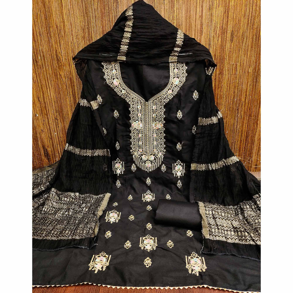 Black Pure Cotton Dress Material with Elegant Embroidery