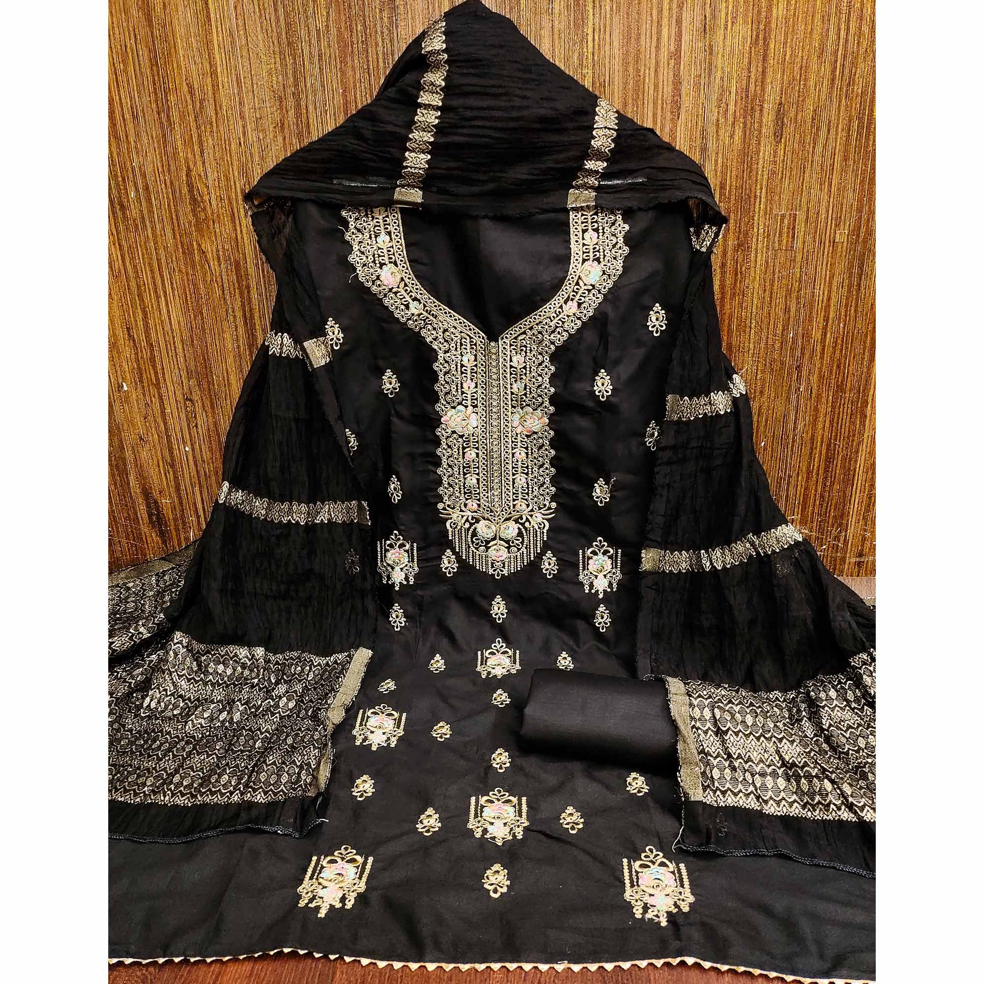 Black Pure Cotton Dress Material with Elegant Embroidery