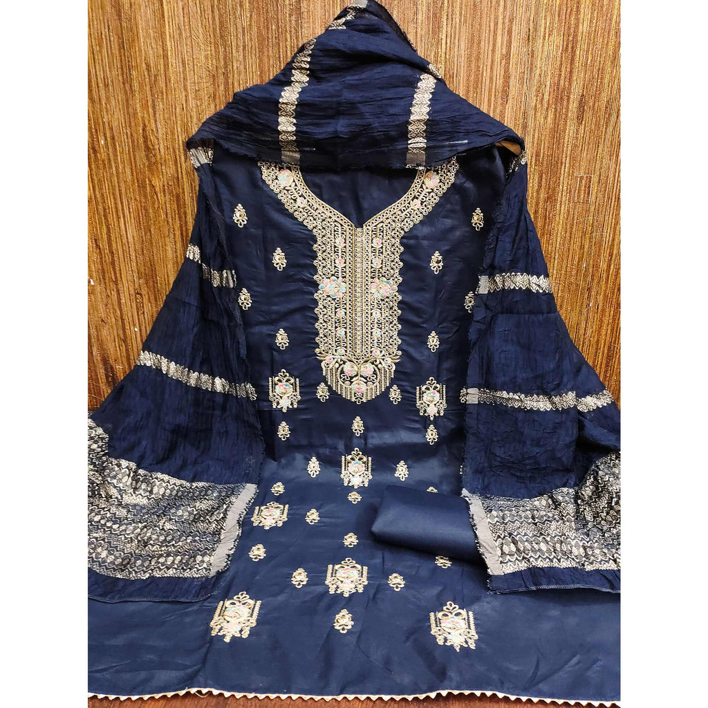 Blue Pure Cotton Dress Material with Elegant Embroidery