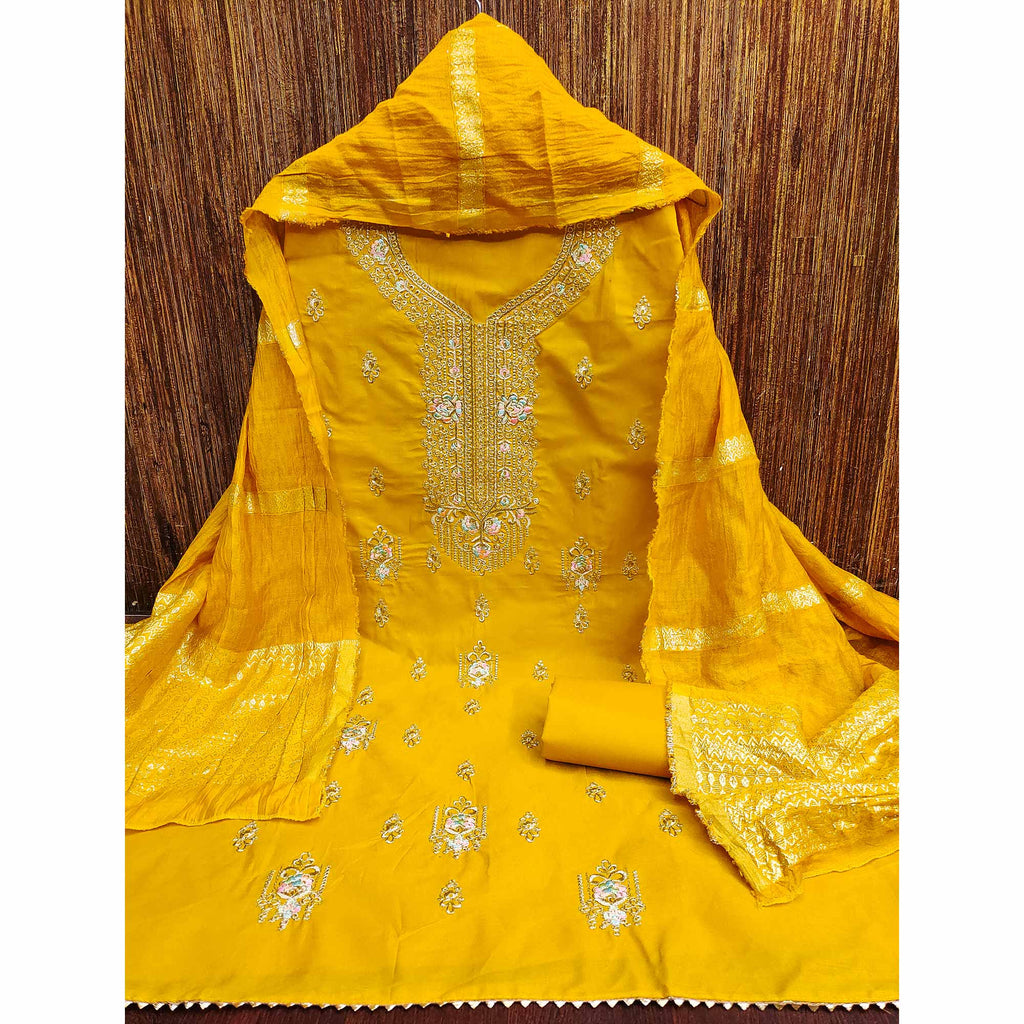 Mustard Pure Cotton Dress Material with Elegant Embroidery