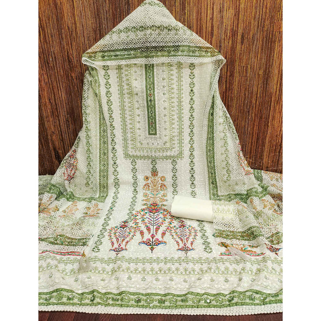 Off-White and Green Unstitched Suit Material with Classic Schiffli Detailing