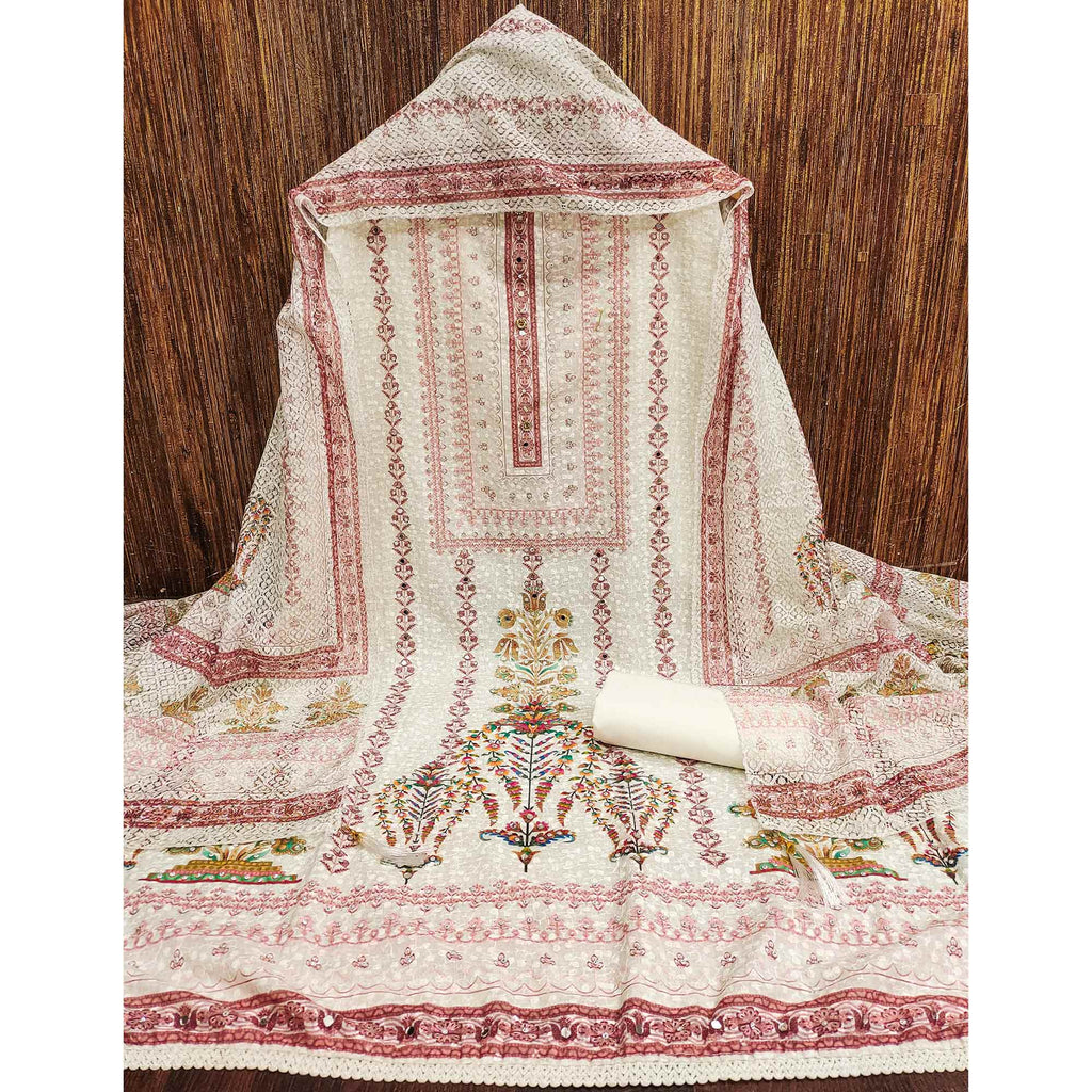 Off-White and Maroon Unstitched Suit Material with Classic Schiffli Detailing