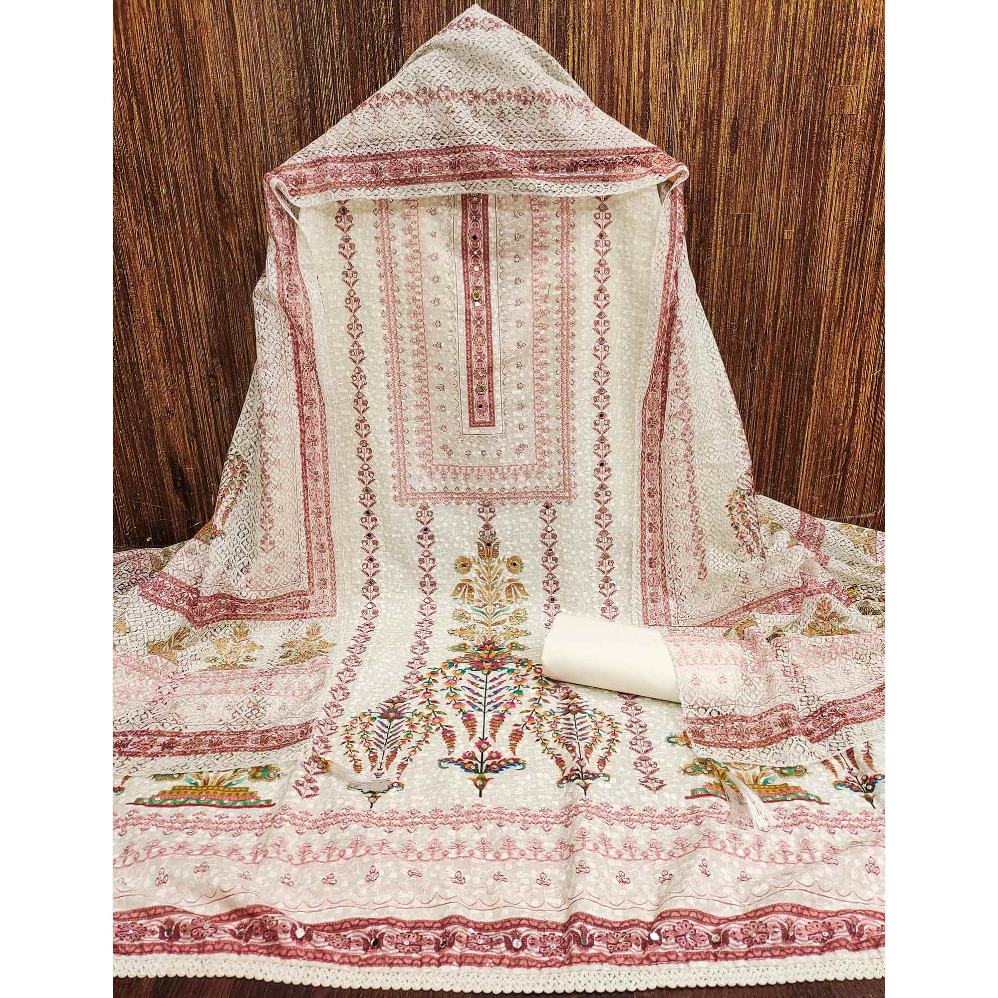 Off-White and Maroon Unstitched Suit Material with Classic Schiffli Detailing