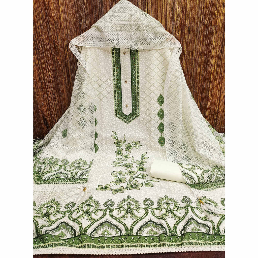 Off-White and Green Unstitched Suit Material with Classic Schiffli Detailing