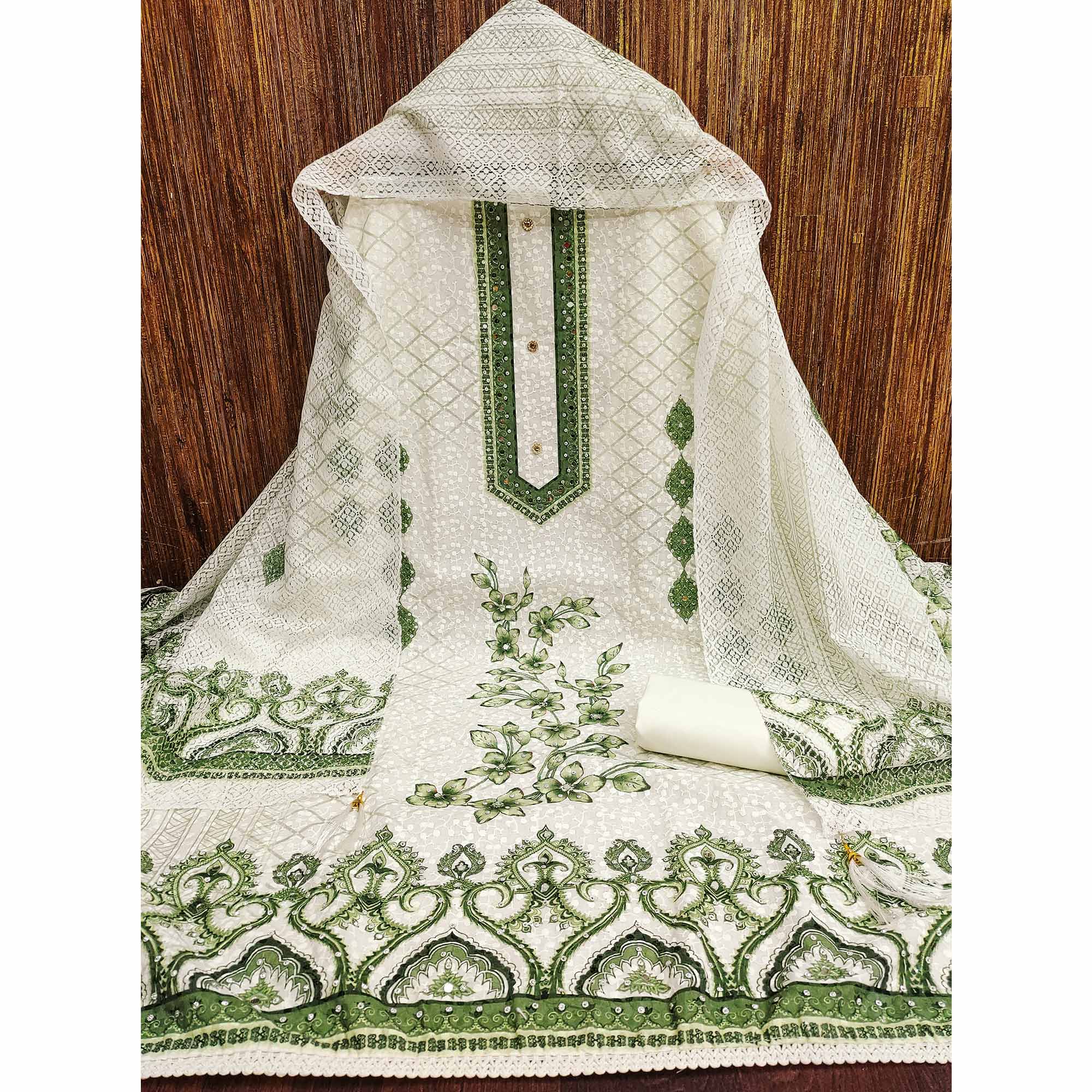 Off-White and Green Unstitched Suit Material with Classic Schiffli Detailing