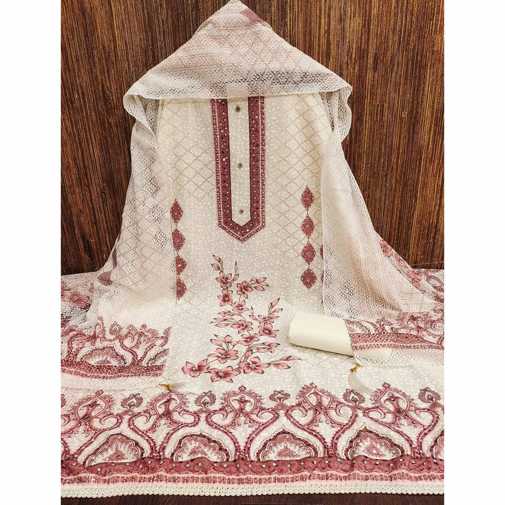 Off-White and Maroon Unstitched Suit Material with Classic Schiffli Detailing