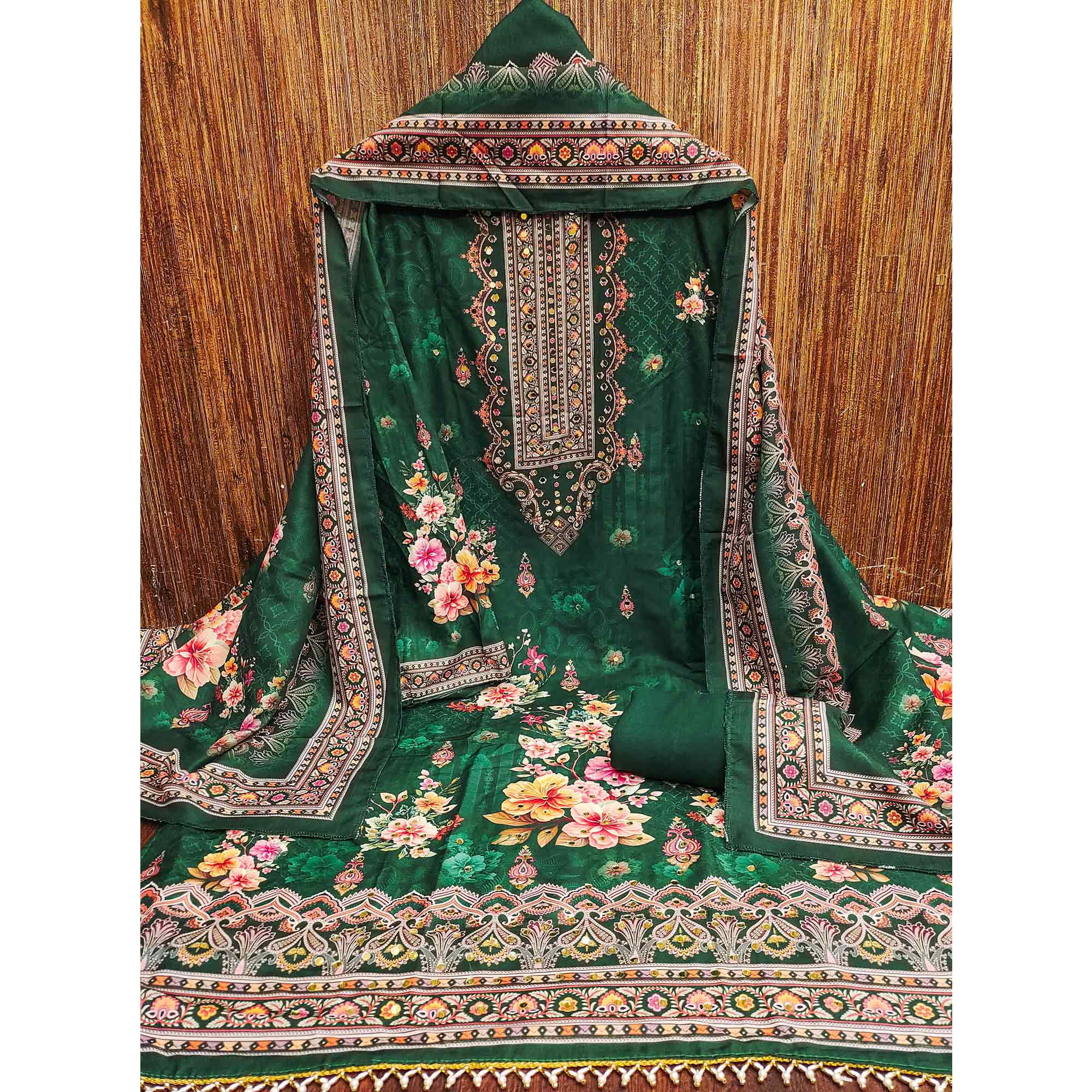 Green Muslin Suit Fabric Featuring Floral Print & Stone Highlights