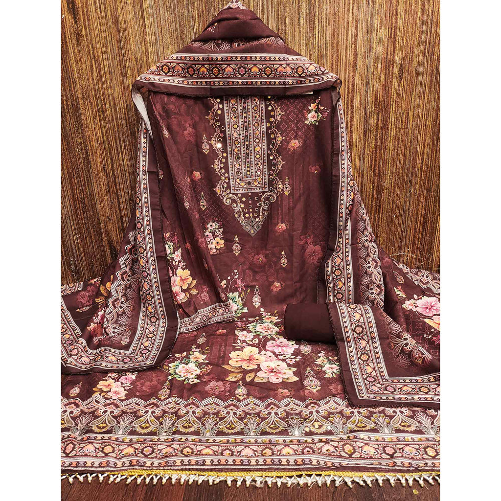 Maroon Muslin Suit Fabric Featuring Floral Print & Stone Highlights
