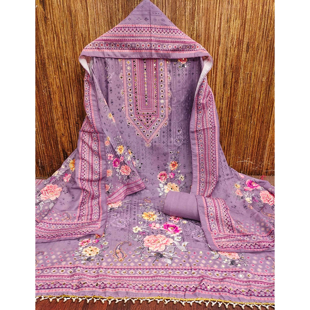 Lavender Dress Material in Muslin with Delicate Mirror Highlights