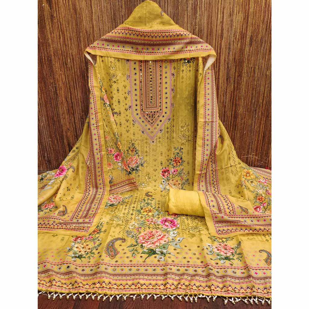 Mustard Dress Material in Muslin with Delicate Mirror Highlights
