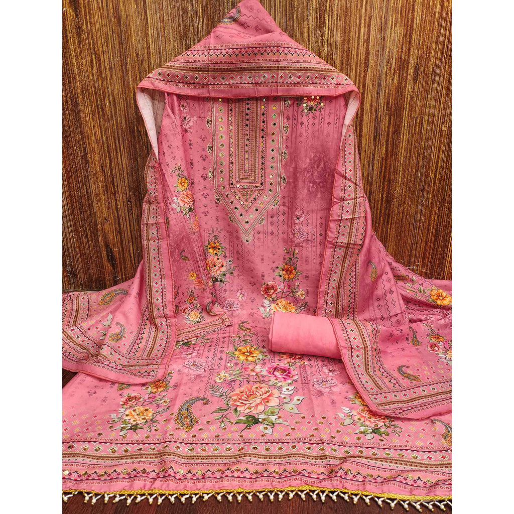 Pink Dress Material in Muslin with Delicate Mirror Highlights