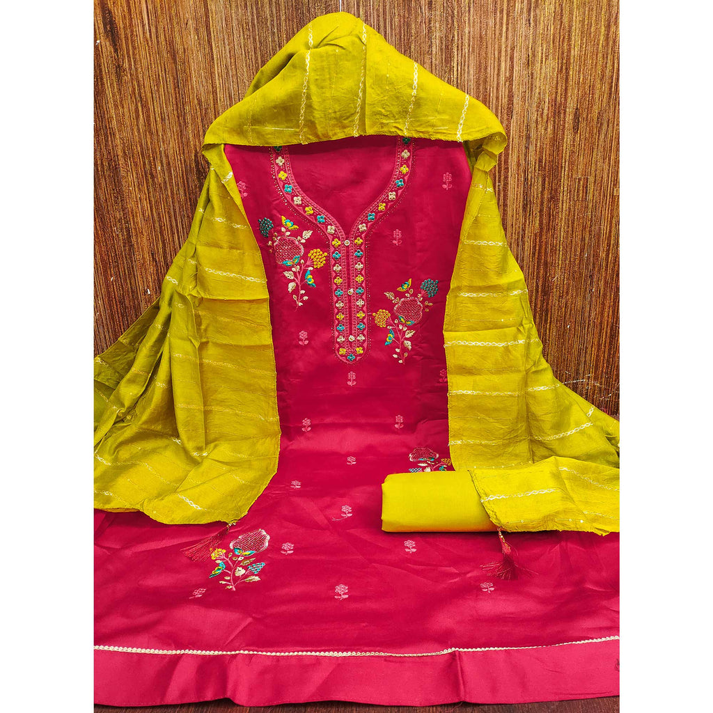 Elegant Pink Floral Embroidered Cotton Dress Fabric for Custom Stitching