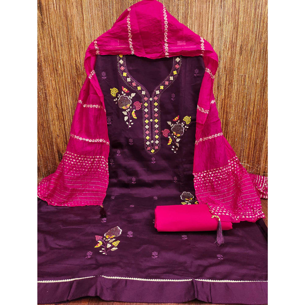 Elegant Purple Floral Embroidered Cotton Dress Fabric for Custom Stitching